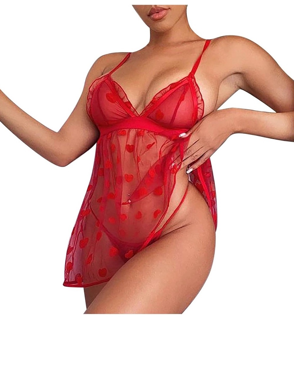 Sheer Red Heart-Print Mesh Babydoll Chemise with Matching Thong